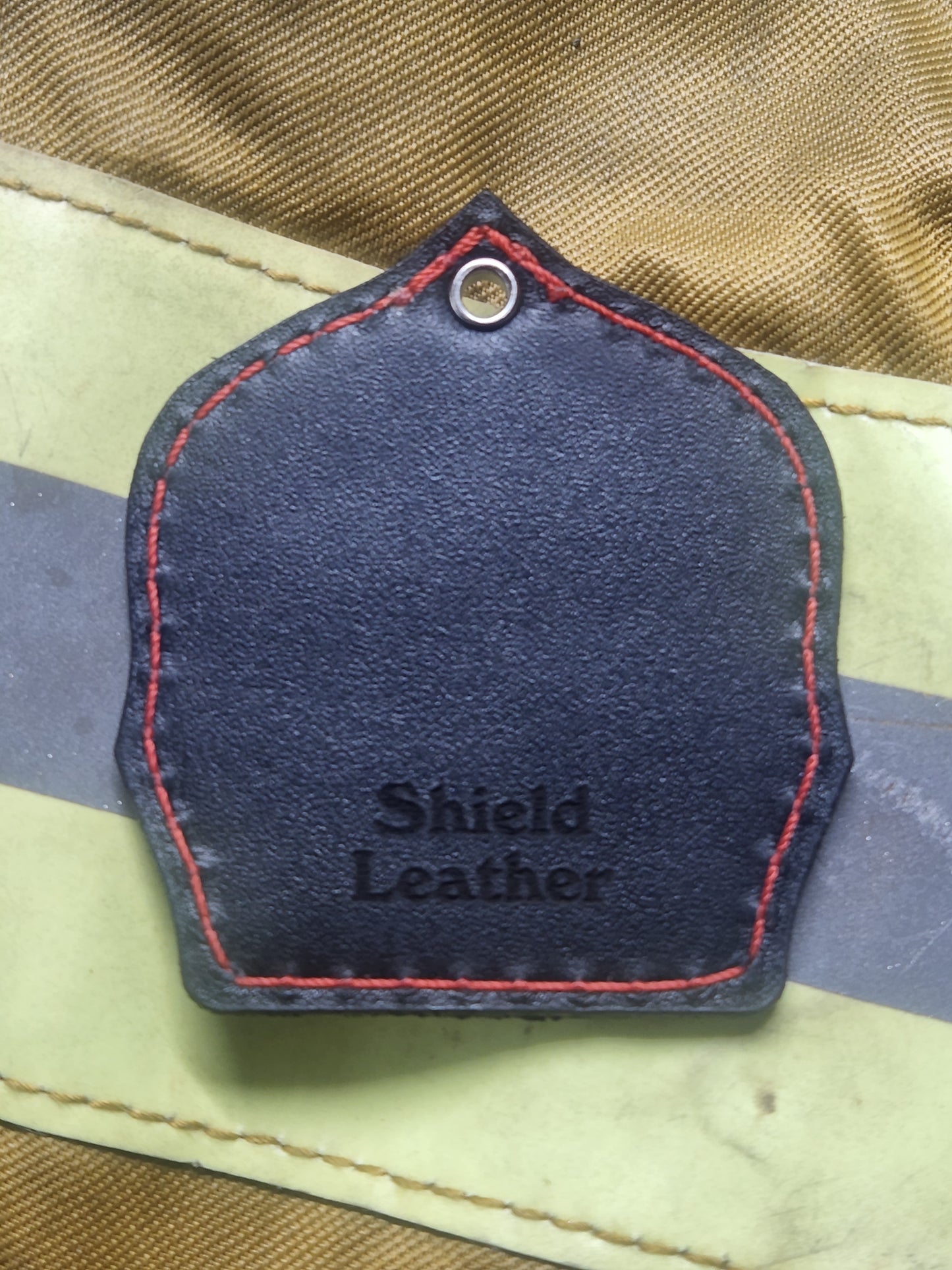 Personalized Helmet Shield Real Leather Key chain with Colored Insert